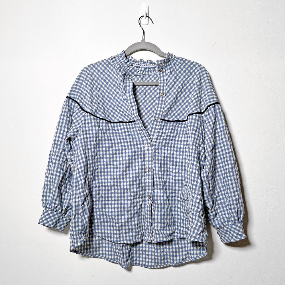 White and Blue Gingham Checkered Button Down Shirt Size Small